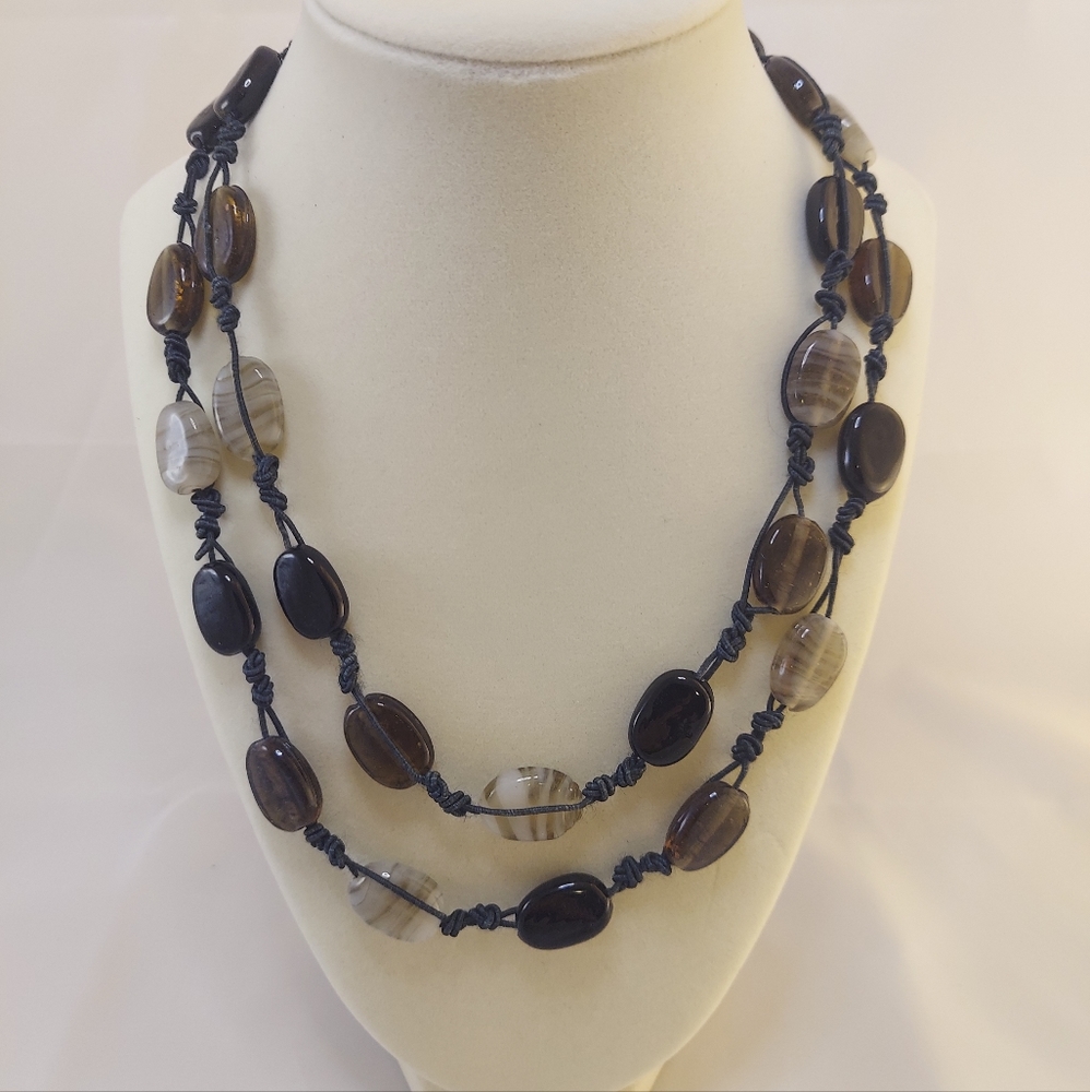 NWT Grey Black Brown Stones on Black Cord Necklace